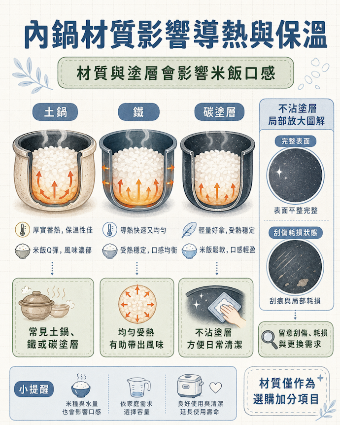 內鍋材質影響導熱與保溫表現,進而影響米飯口感
